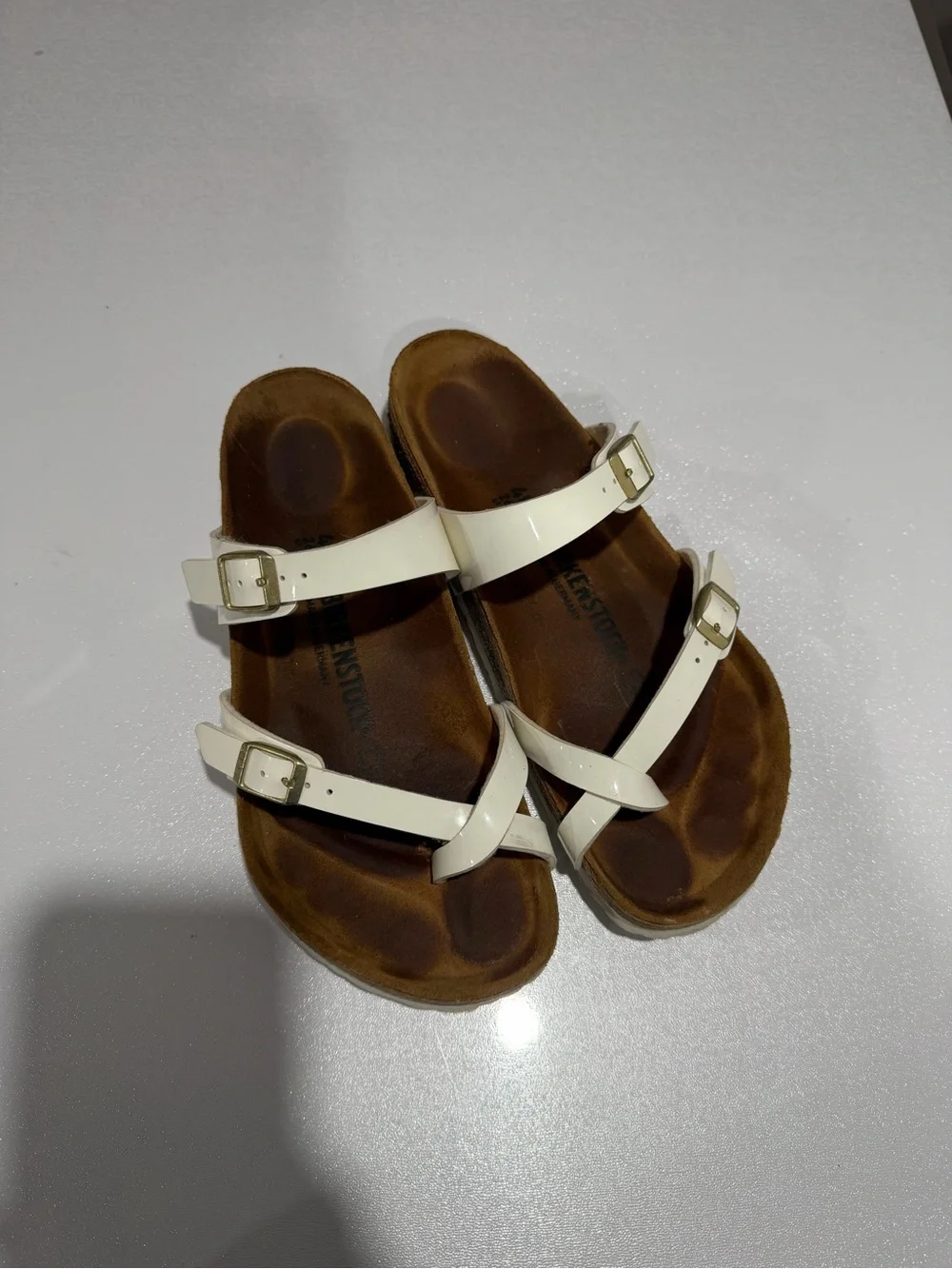 Birkenstock Mayari Sandals — White Patent, Size 40
